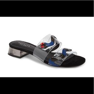 Cecelia New York Black and Blue Snake Embellished Mules